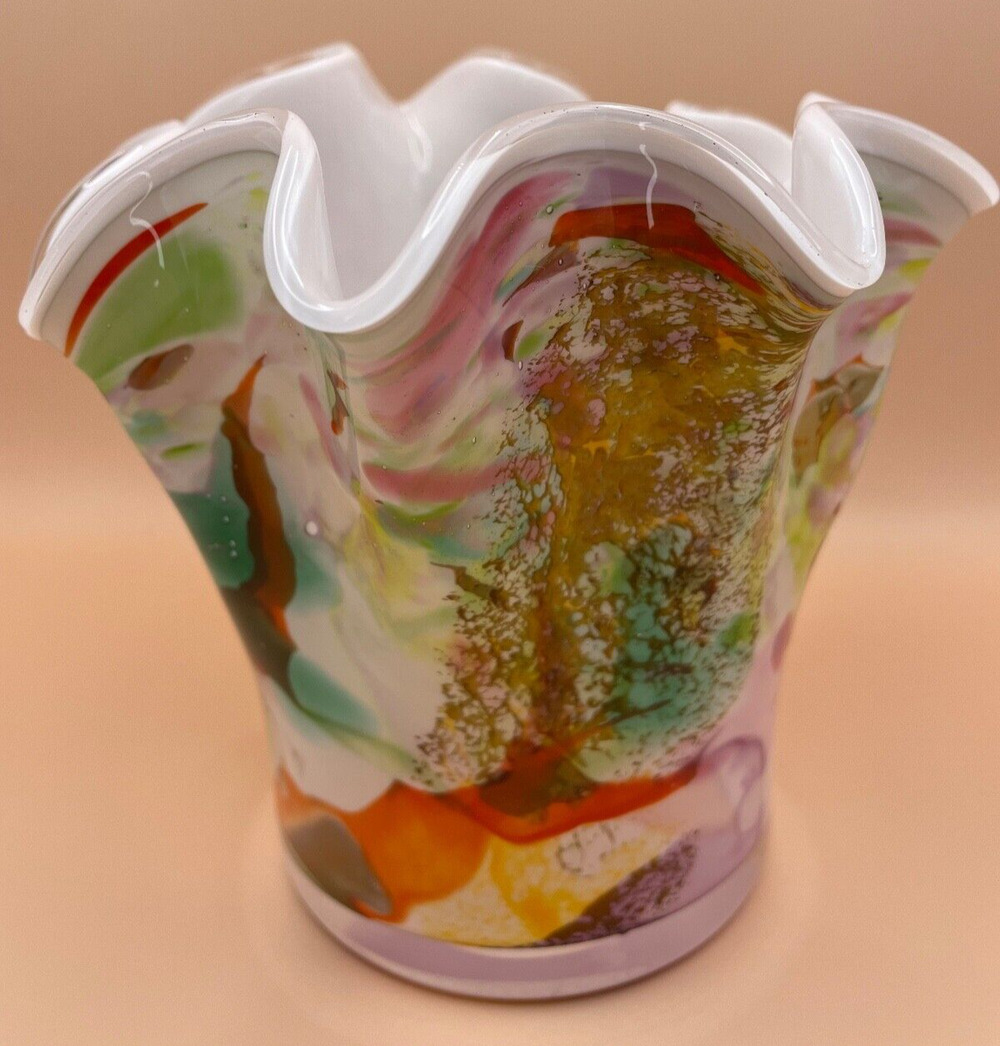 Stunning Josefina Krosno Hand Blown Glass Multi Colored Handkerchief Vase- USED